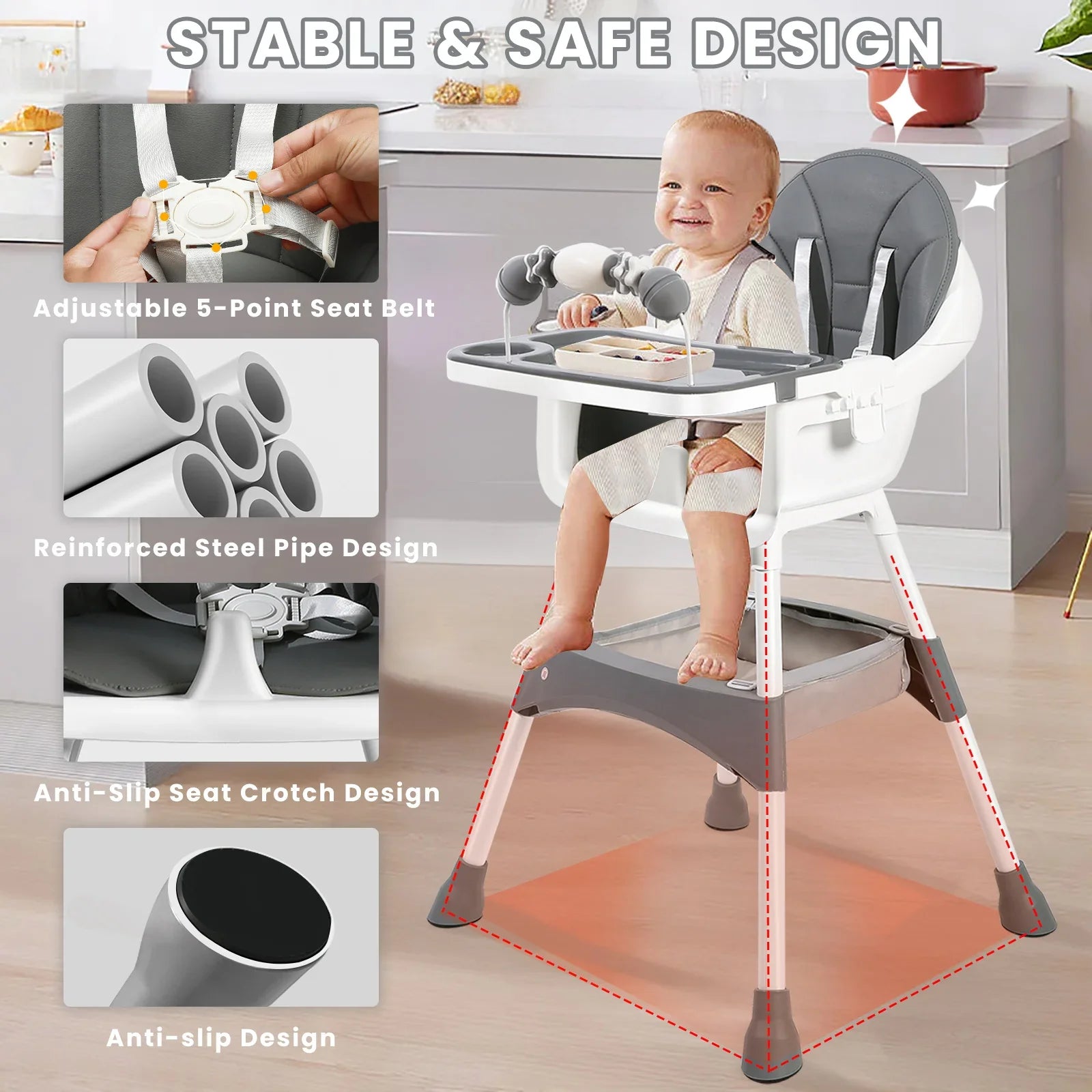 Baby High Chair, Portable Baby Dining Chairs Eat & Play Convertible High Chair with Double-Layer Dinner Plate and Toy Rack