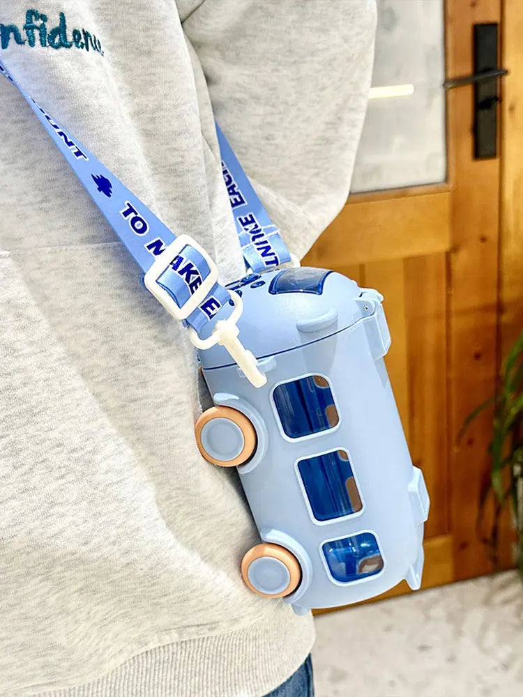 500ML Bus Shape Cartoon Water Cup with Movable Wheels & Strap Plastic Drinking Bottle Leakproof for Home Travel School