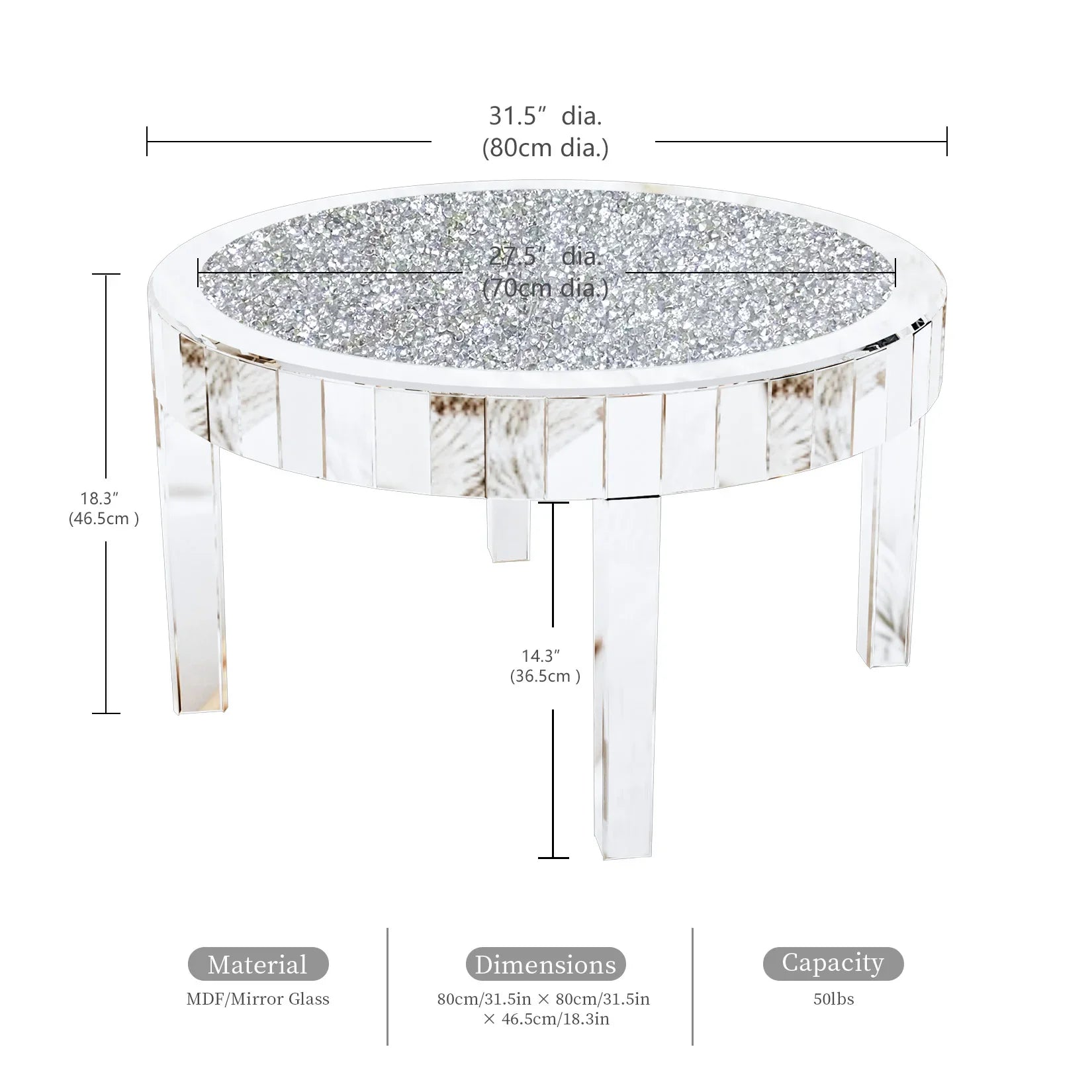 FATIVO Large Round Mirrored Coffee Table Beveled Bling Crushed Diamond End Table