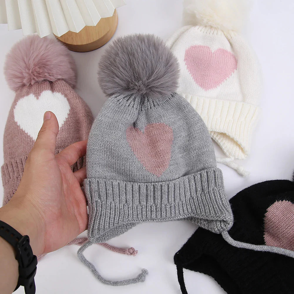 Cute Pompom Baby Turban Hats Heart Knitted Caps Boys Girls Beanies 0-3T Autumn Winter Kids Headwraps Bonnets Hair Accessories