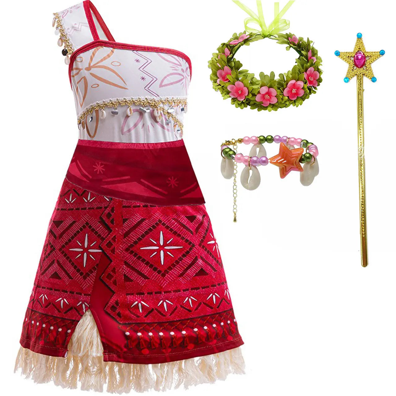 Disney New Movie Moana 2 Dress Christmas Girl Moana Princess Dress Cosplay Girls One-Shoulder Suspender Dress Accessories Set