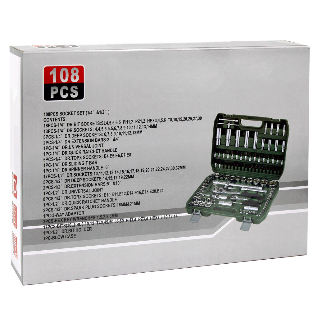 108 Pcs 1/4" & 1/2" Socket Ratchet Torx Set