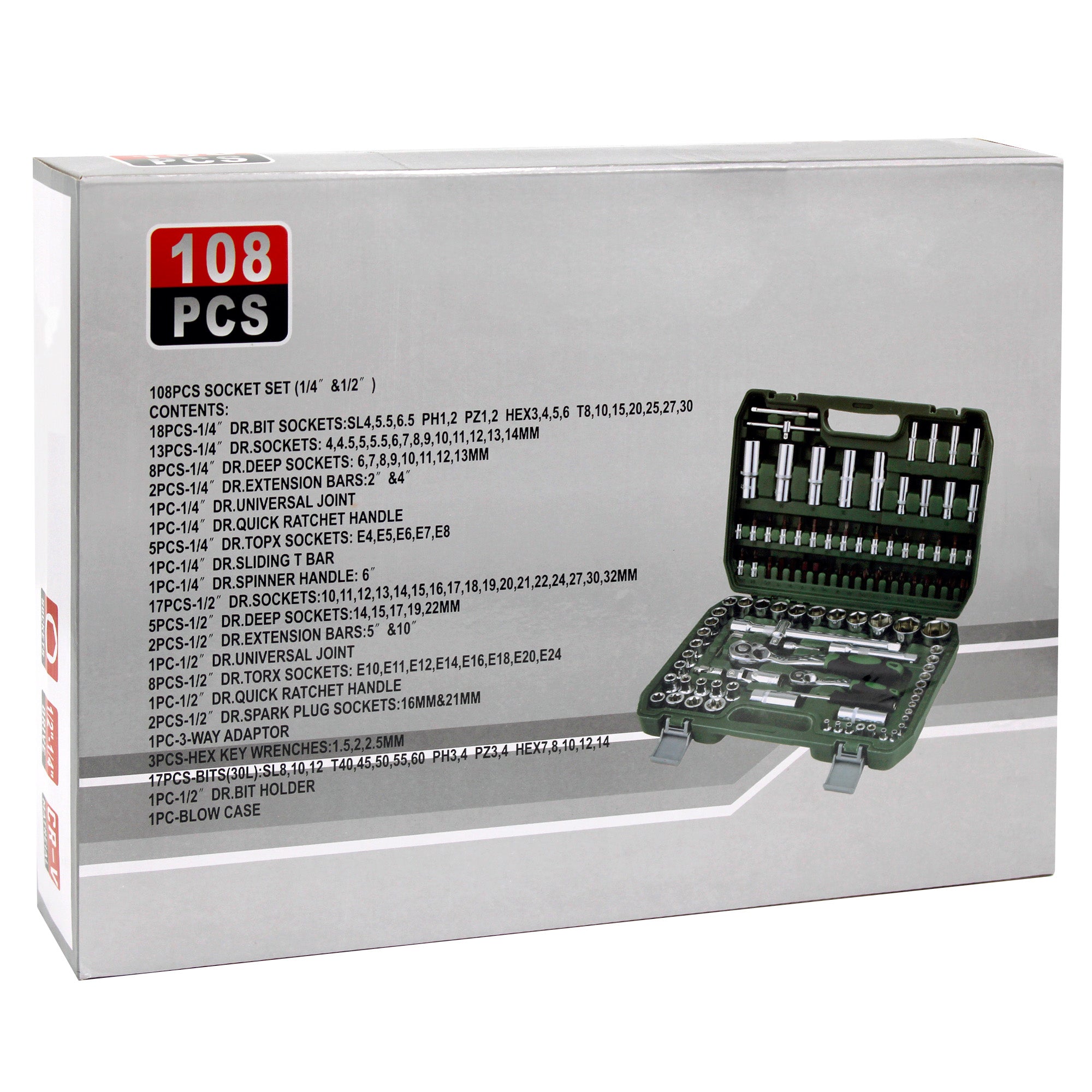 108 Pcs 1/4" & 1/2" Socket Ratchet Torx Set