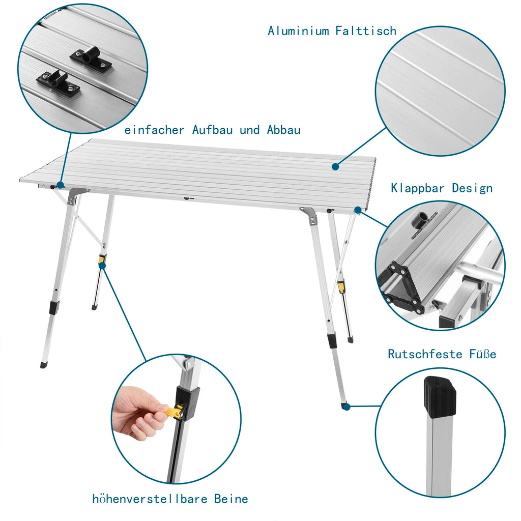 WOLTU Aluminum Folding Travel Camping Table with Carry Bag 120x68.5cm Adjustable Height Outdoor Garden Table for 4-6 People
