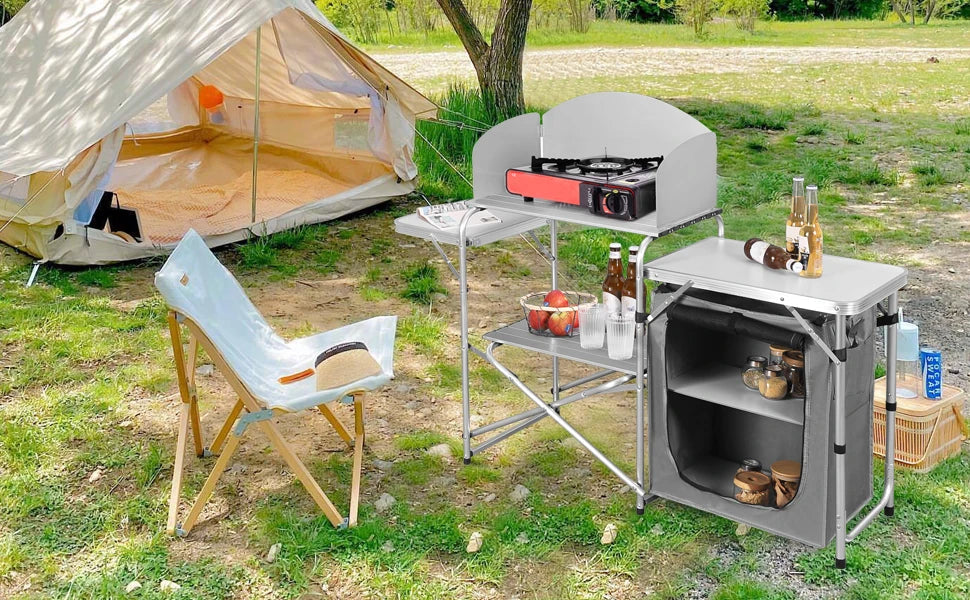 WOLTU Aluminium Foldable Camping Cabinet Travel Kitchen Cooking Storage Rack BBQ Table with Carry Bag for Outdoor  Garden Picnic