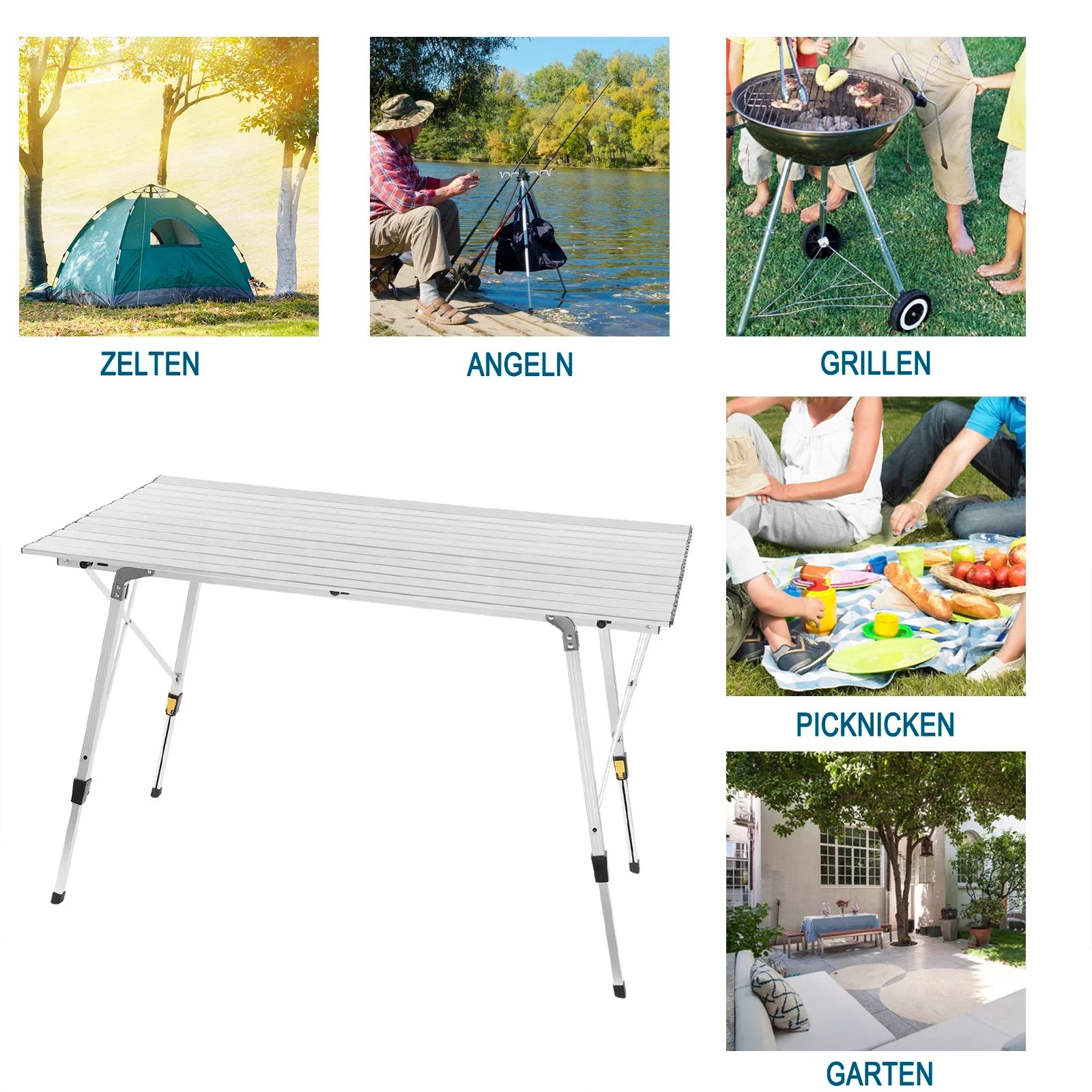 WOLTU Aluminum Folding Travel Camping Table with Carry Bag 120x68.5cm Adjustable Height Outdoor Garden Table for 4-6 People