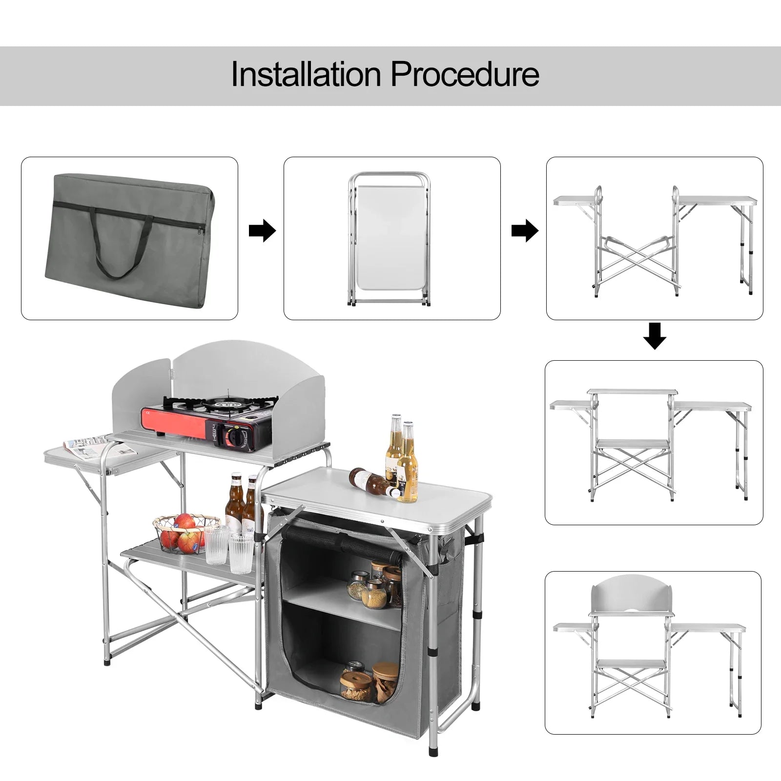 WOLTU Aluminium Foldable Camping Cabinet Travel Kitchen Cooking Storage Rack BBQ Table with Carry Bag for Outdoor  Garden Picnic