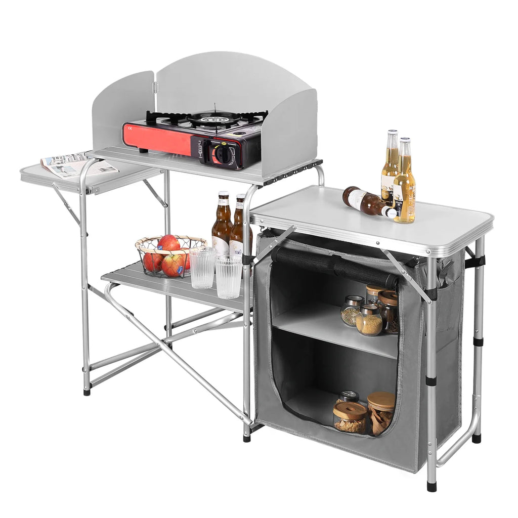 WOLTU Aluminium Foldable Camping Cabinet Travel Kitchen Cooking Storage Rack BBQ Table with Carry Bag for Outdoor  Garden Picnic