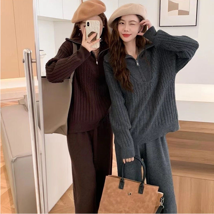 Turtleneck Zipper Lapel Pullover Long Sleeve Sweater Wide Leg Pants Two-piece Set