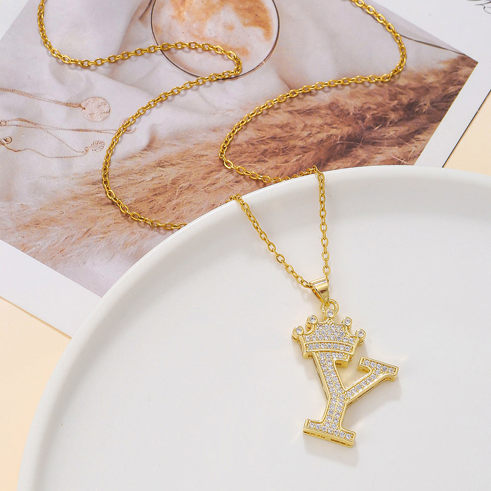 1PCS Fashionable Gold Diamond Crown Uppercase Letter Popular Pendant Necklace Suitable For Daily Use Festivals Parties Gifts Jewelry Set