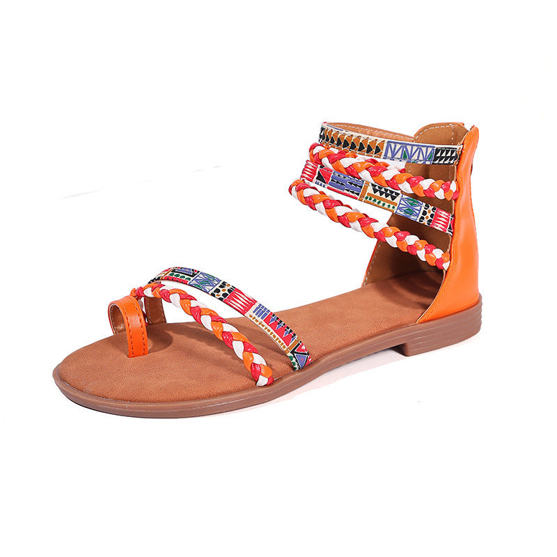 Ethnic Style Flat Sandals Summer Clip Toe Colorful Weave-straped Shoes With Back Zipper Women's Bohemian Beach Shoes