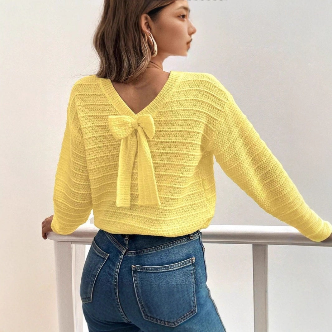 Round Neck Back Bow Design Gentle All-match Sweater