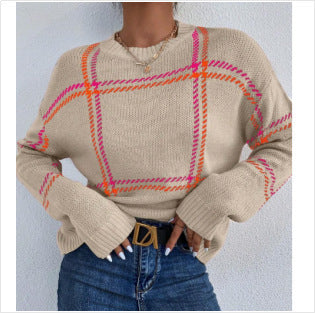 Women's Casual Plaid Color-block Crew Neck Sweater