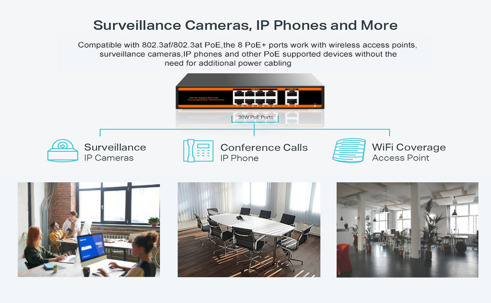 10-port 100Mbps PoE Switch with 2 UpLink ports 150W 802.3af/at Unmanaged