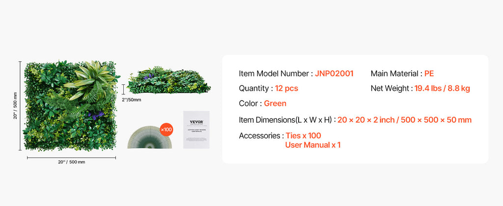 VEVOR Artificial Grass Wall Panels 3D Combination Greenery Boxwood  Panel for Privacy Backdrop Wall Hedge Screen for Garden