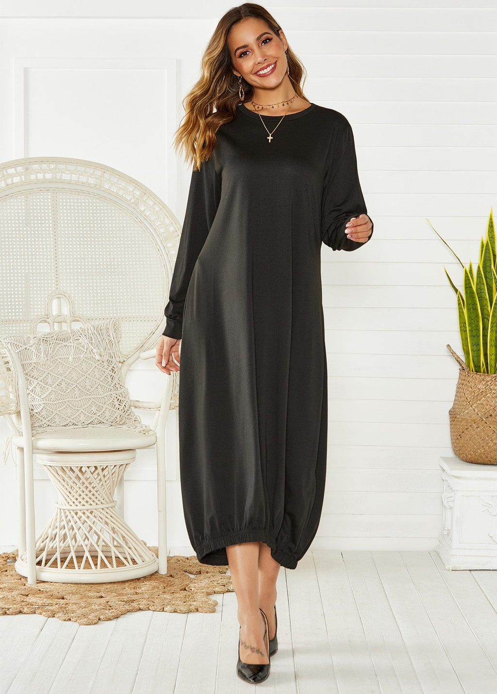 Lace-up Crew Neck Loose Long Dress