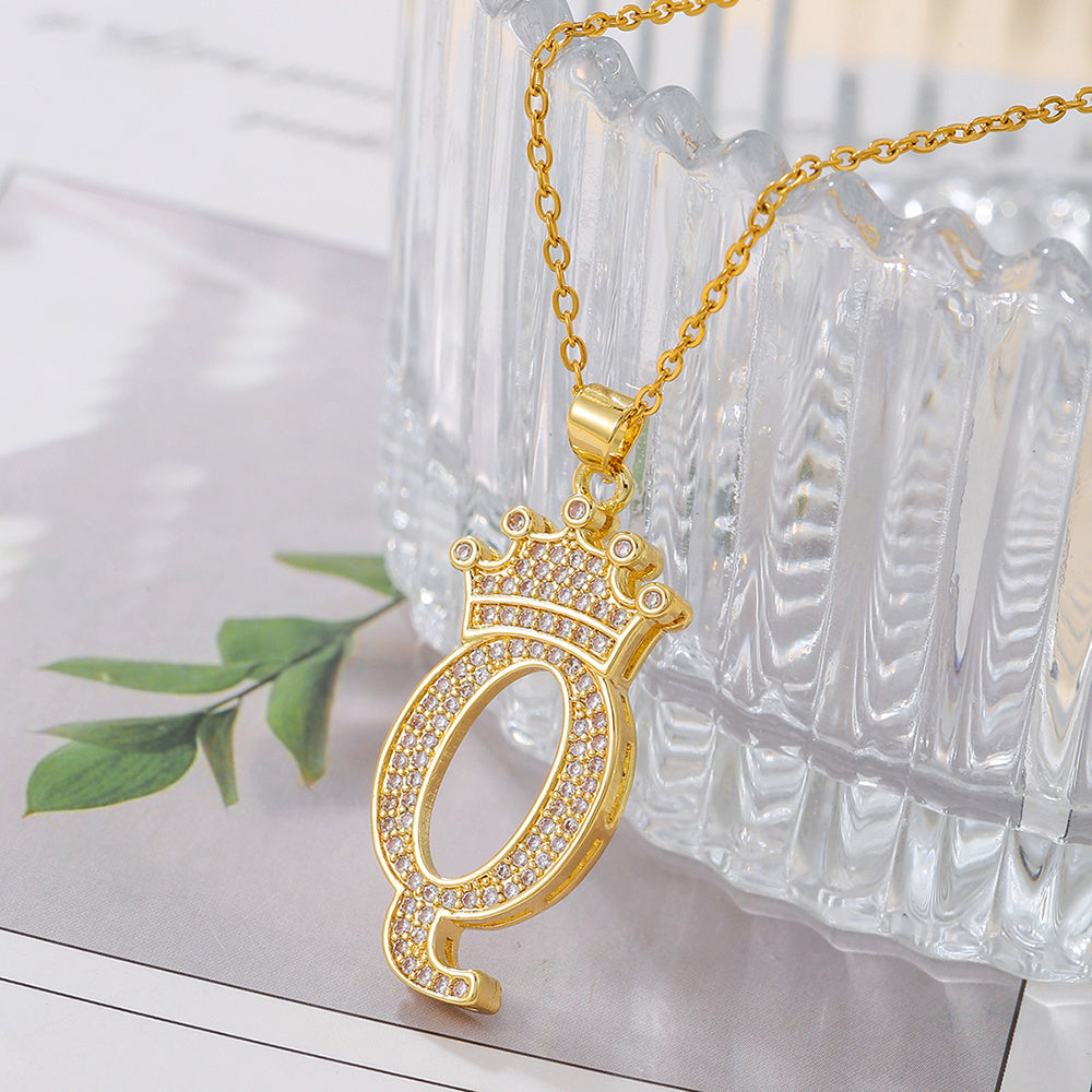 1PCS Fashionable Gold Diamond Crown Uppercase Letter Popular Pendant Necklace Suitable For Daily Use Festivals Parties Gifts Jewelry Set