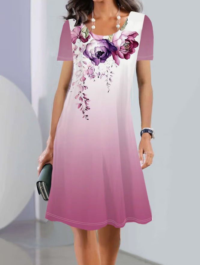 Spring And Summer Print Short Sleeve Round Neck Mid-length Dress