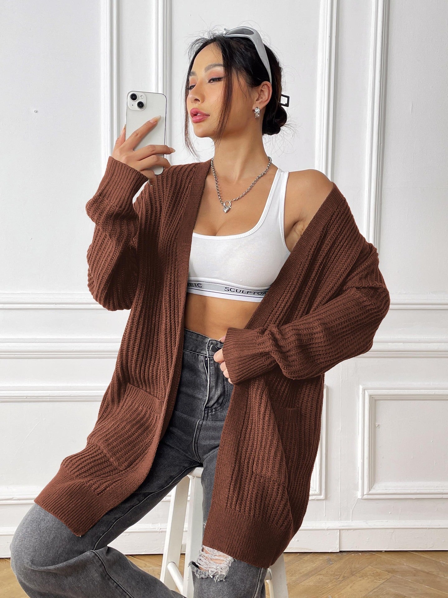New Double Pocket Simple Casual Sweater Cardigan