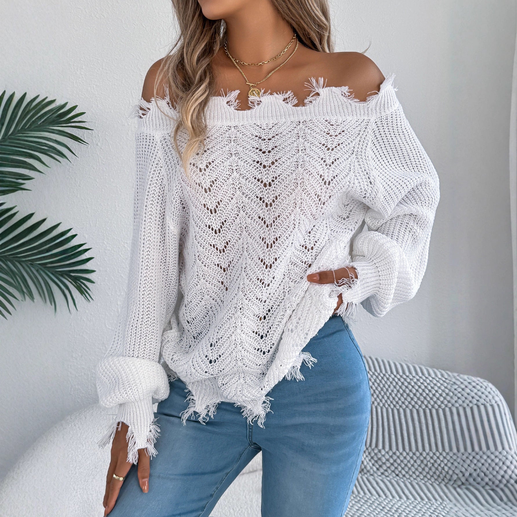 Hollow-out Long-sleeved Cut Off-the-shoulder Pullover Sweater