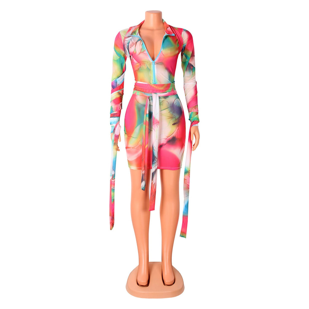 Sexy Women Mesh See-Through Printed Dress With Bandage