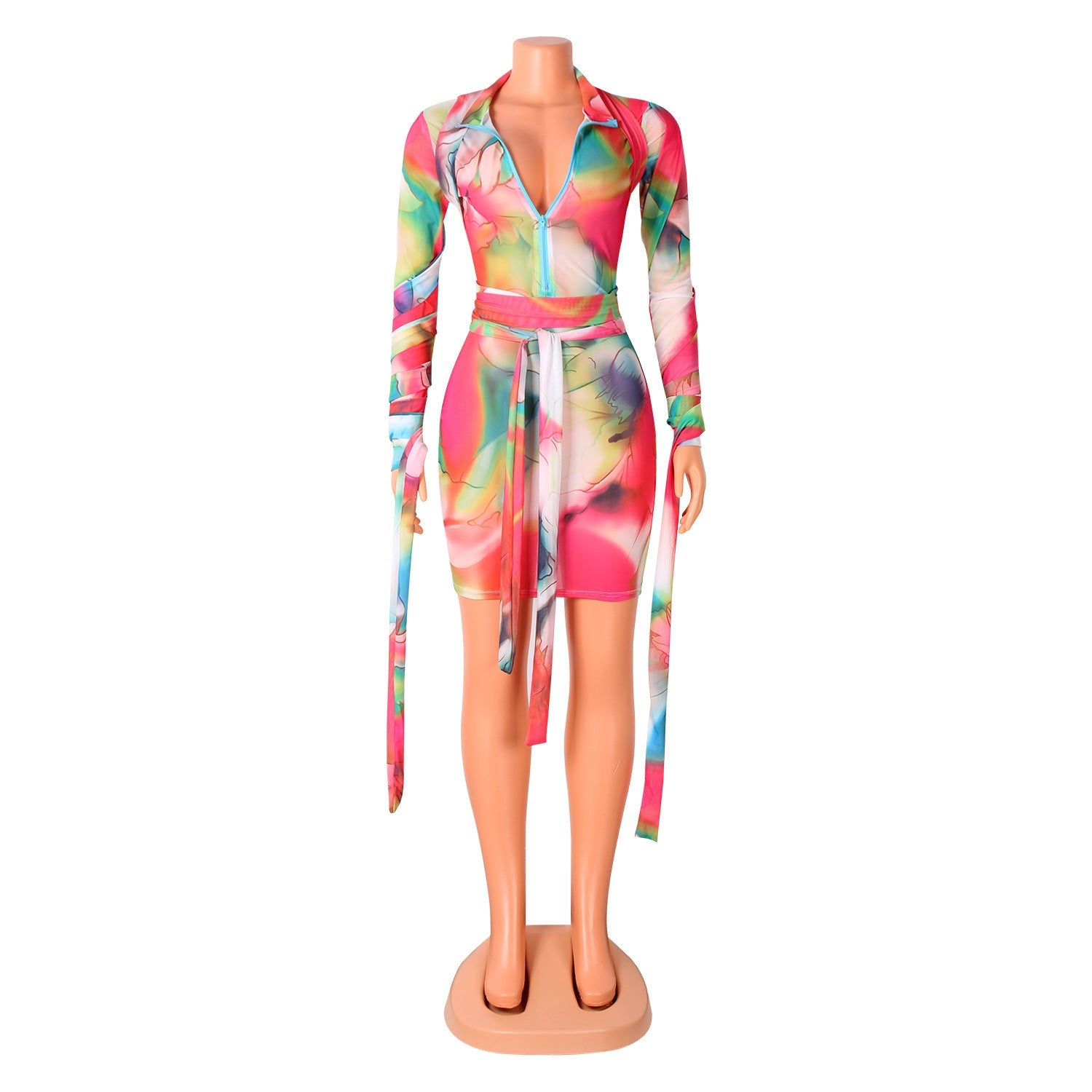 Sexy Women Mesh See-Through Printed Dress With Bandage