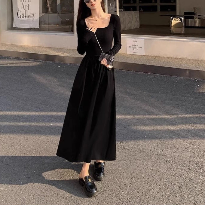 Square Collar Knitted Dress Women's Waist A- Line Long Skirt