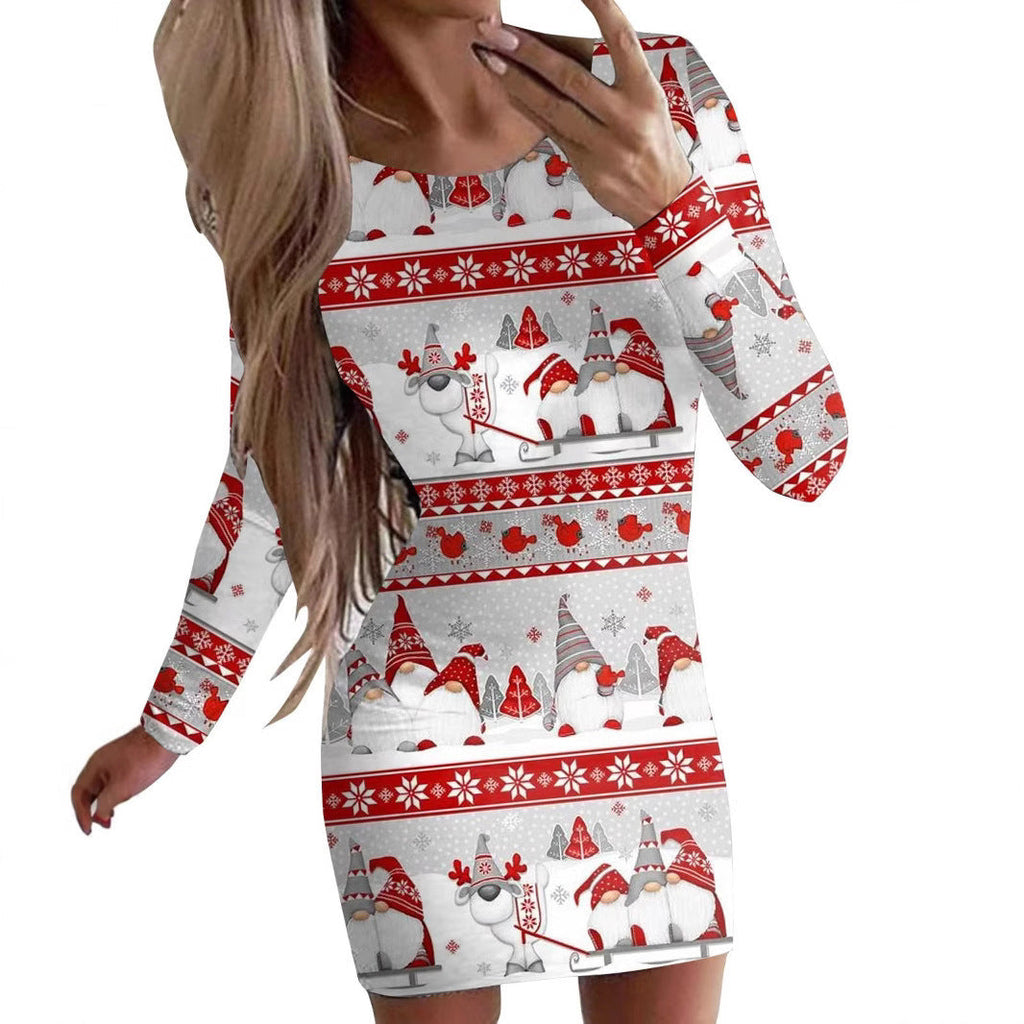 New Christmas Printed Round Neck Long Sleeve Narrow Dress