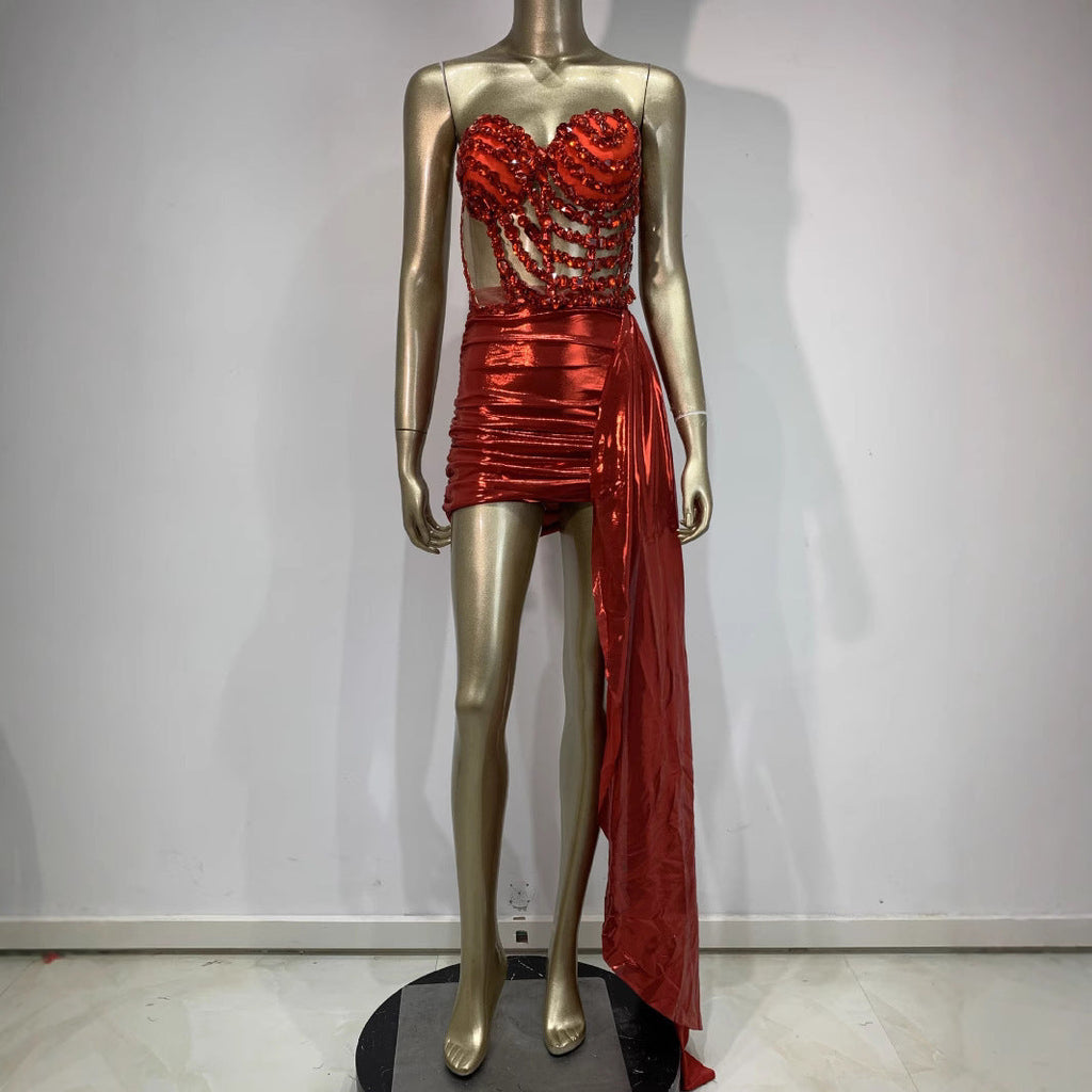 Sexy Skirt Suit Hollow Mesh See-through Banquet Company Party Stage Costume