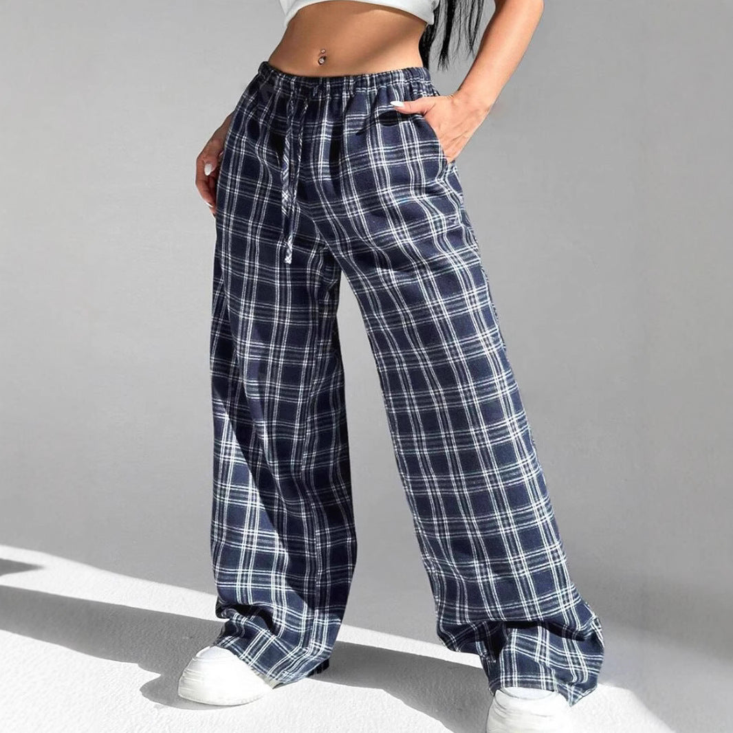 Women's Casual All-match Loose Drawstring Plaid Pocket Trousers