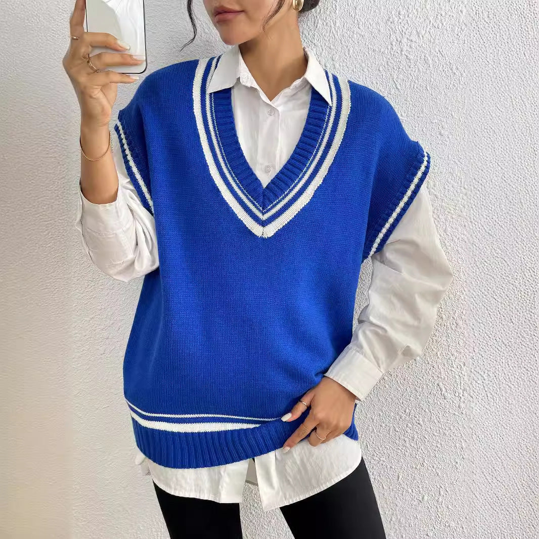 Environment European And American Women's Clothing Color Matching Casual Wool Vest Sweater