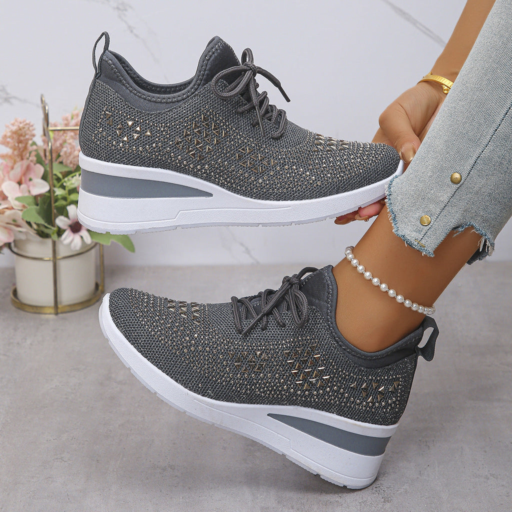 Ins Rhinestone Sneakers Fashion Lace Up Wedges Casual Shoes Women's Daily Commuting Sports Shoes