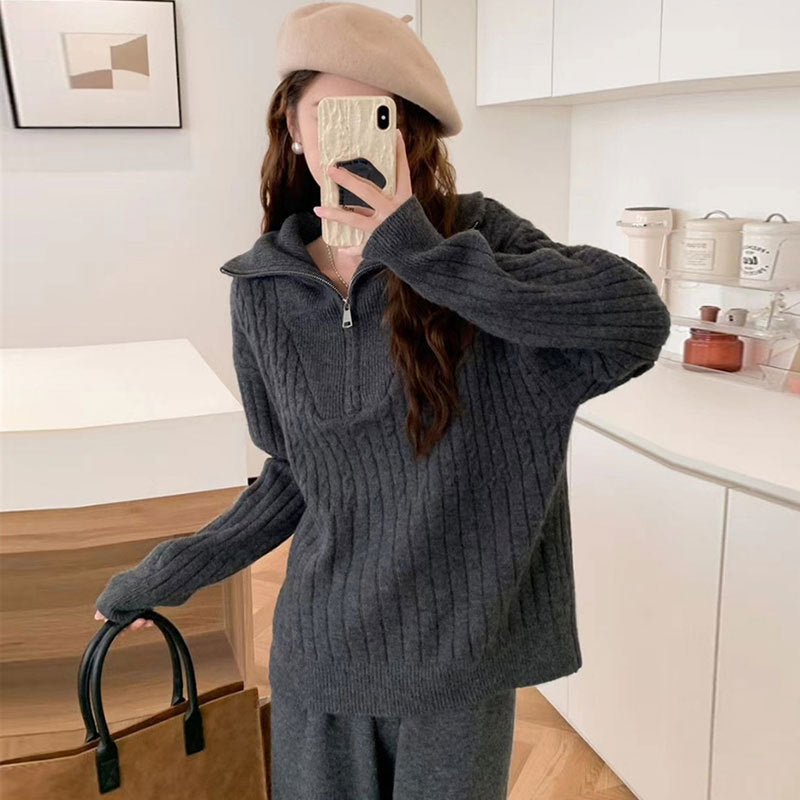 Turtleneck Zipper Lapel Pullover Long Sleeve Sweater Wide Leg Pants Two-piece Set