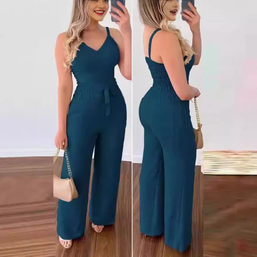 Women's Solid Color Slim Elastic Pleated Two-Piece Suit Sexy Spaghetti Strap V-neck Backless Vest High Waist Wide Leg Pants Suit