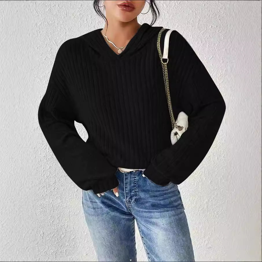 Loose-fitting Solid Color Long Sleeves Casual Sunken Stripe Hooded Sweater