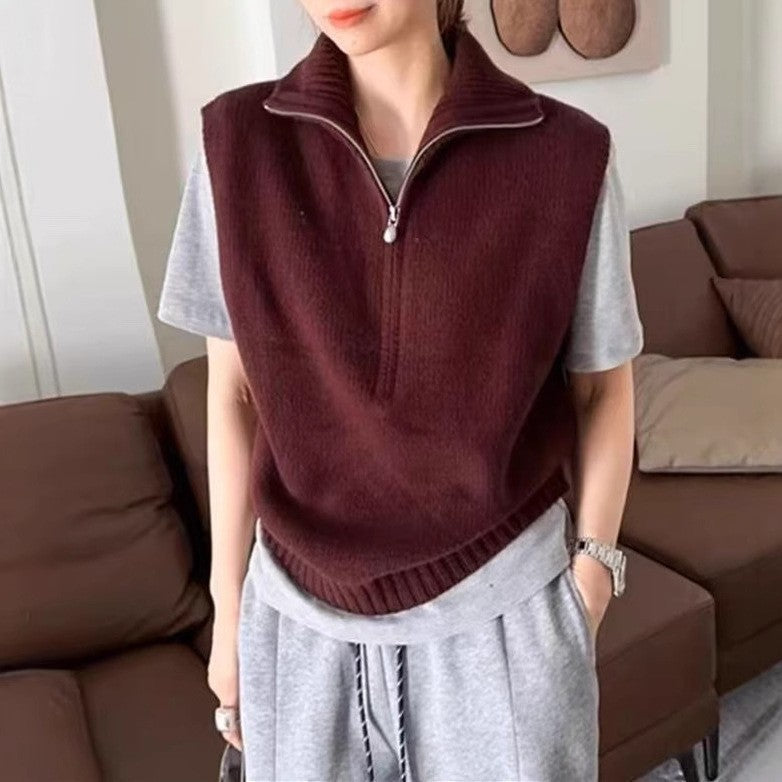 Retro Half Zipper Sleeveless Knit Vest