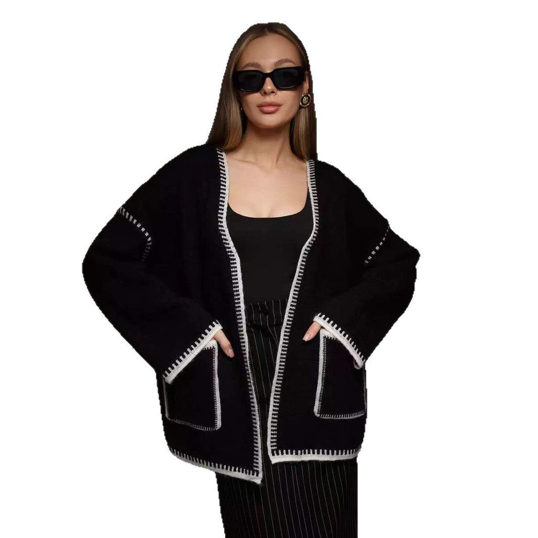 Lace-up Knitted Cardigan Loose Mid-length Sweater Coat