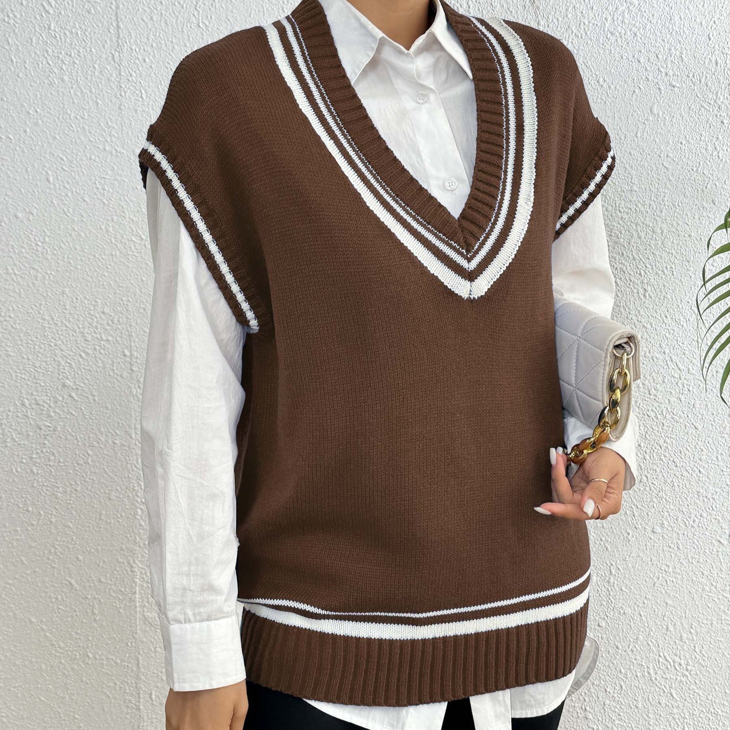 Environment European And American Women's Clothing Color Matching Casual Wool Vest Sweater