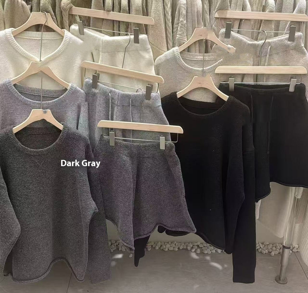 Loose-fitting Long Sleeve Sweater Knitted Wide Leg Shorts Two-piece Set