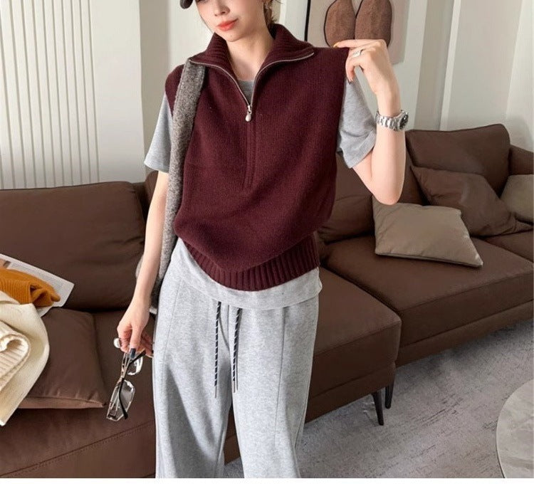 Retro Half Zipper Sleeveless Knit Vest