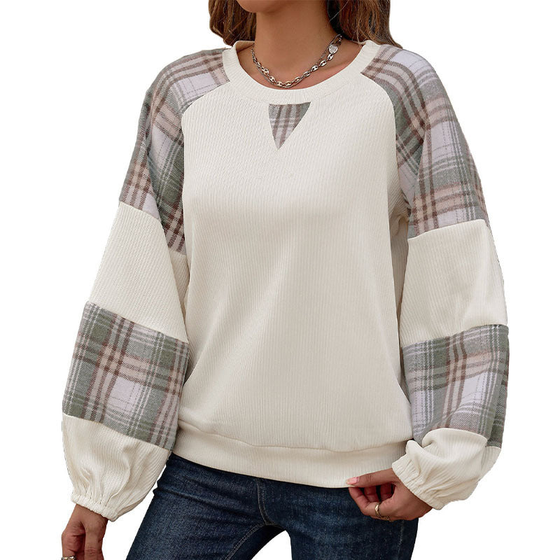 Loose Plaid Colorblock Round Neck Sweater