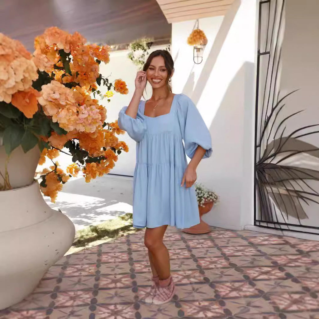 Pullover Square Collar Puff Sleeve Solid Color Backless Dress Children