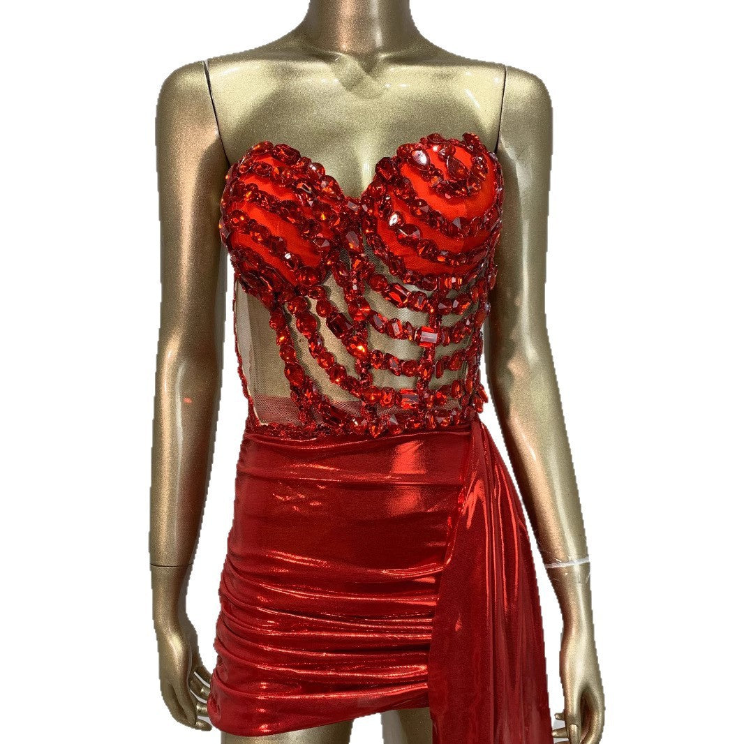 Sexy Skirt Suit Hollow Mesh See-through Banquet Company Party Stage Costume