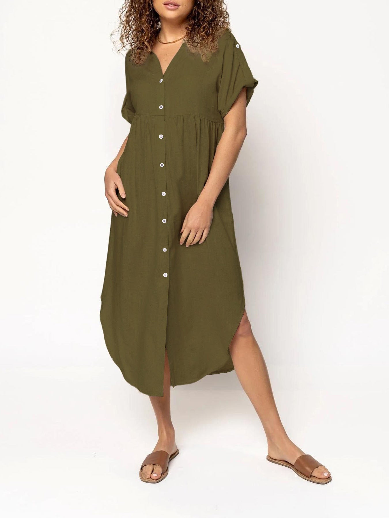 Loose Temperament Casual Solid Color Buttons Mid-length Dress
