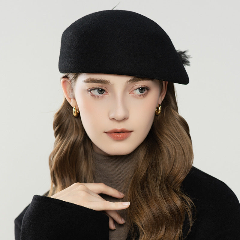 Autumn And Winter Retro Style Feather Decorative Wool Beret
