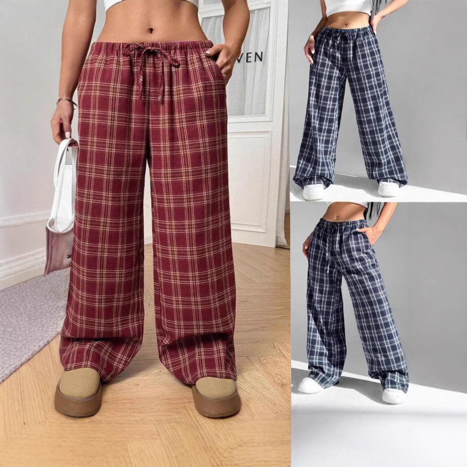 Women's Casual All-match Loose Drawstring Plaid Pocket Trousers
