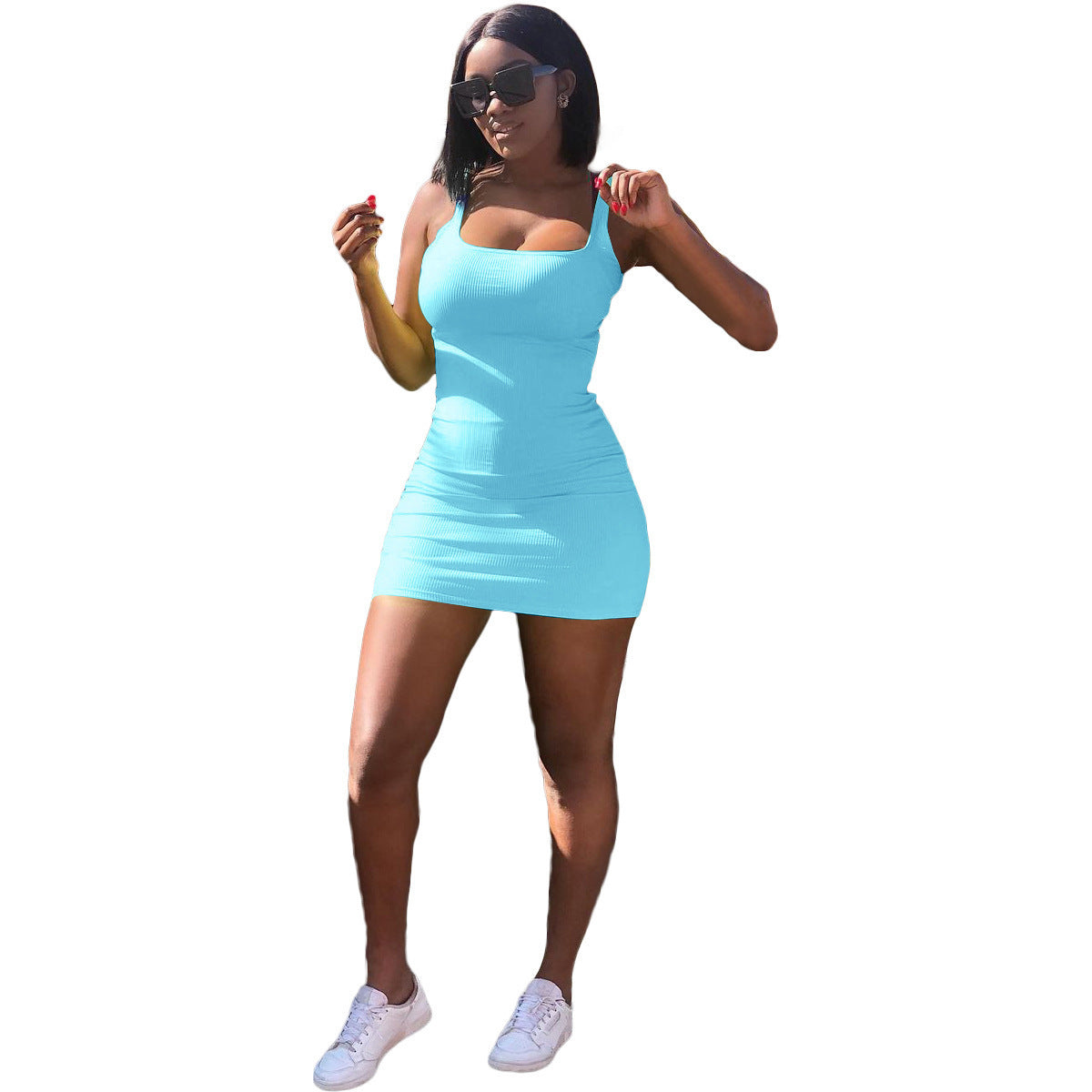 Casual Big U-neck Sunken Stripe Strap Slim Fit Dress