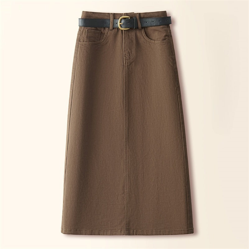 Brown A- Line Straight Skirt Retro Slit Hip Skirt