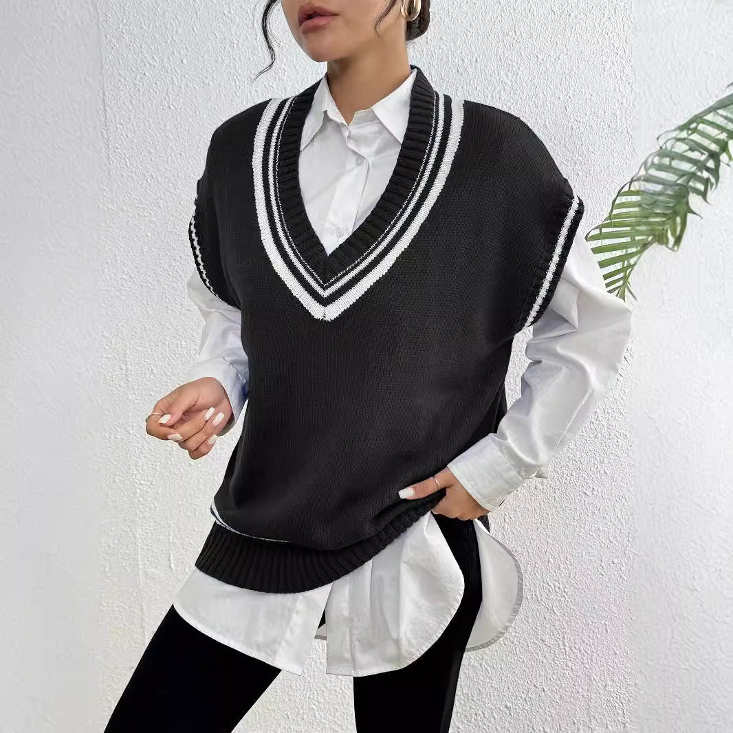 Environment European And American Women's Clothing Color Matching Casual Wool Vest Sweater