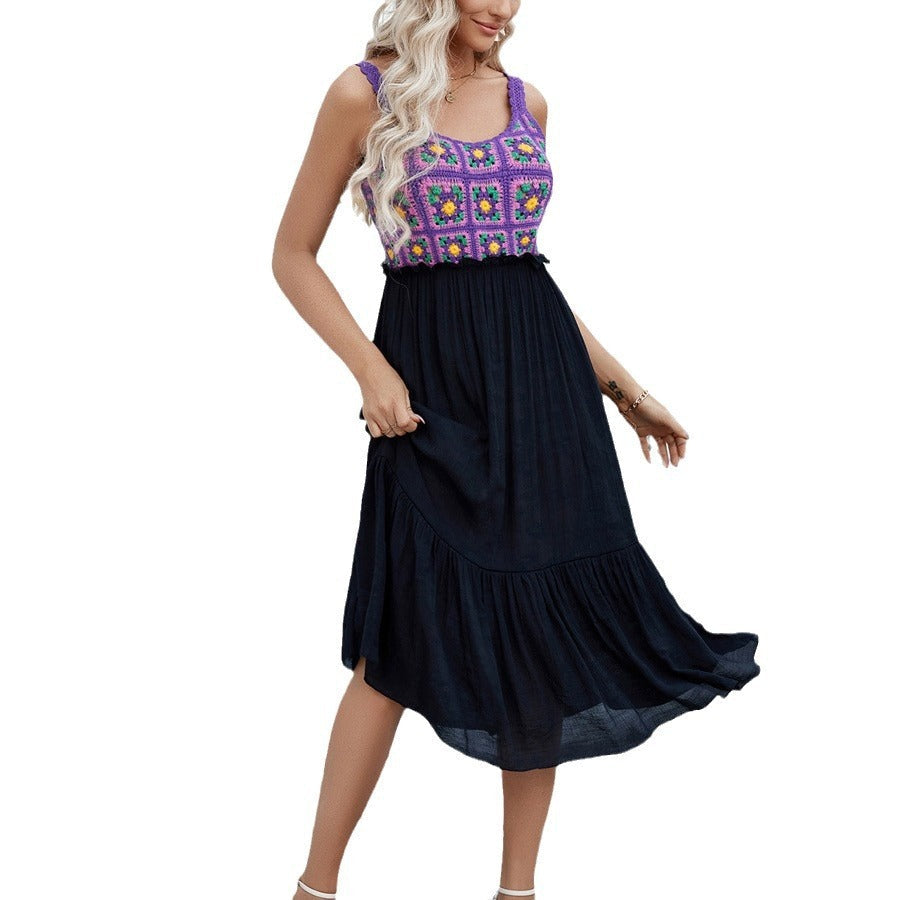 Hand Hook Flower Stitching Cotton Yarn Fabric Purple Sleeveless Dress